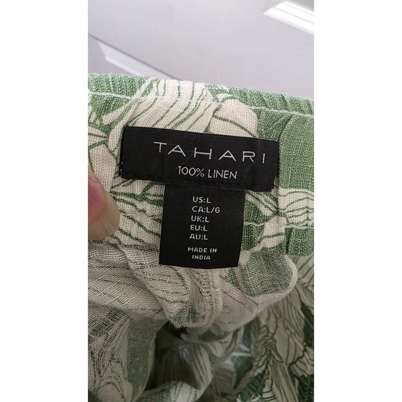 Tahari Women's Green & White Floral Print 100% Linen Pants Size L Elastic Waistb - Picture 6 of 6